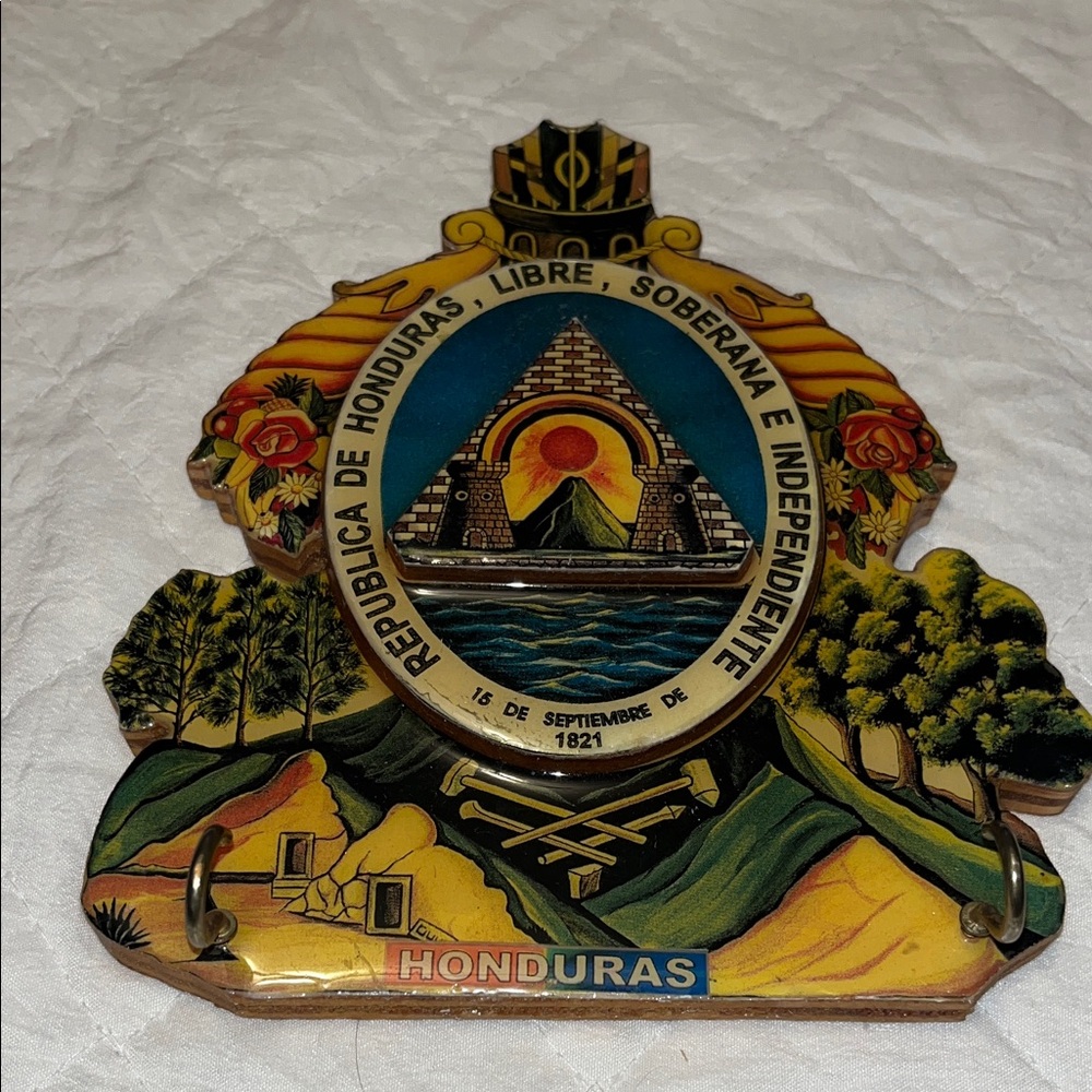 Lacquered Wood Colorful Coat Of Arms Of Honduras Wall Hanging Plaque